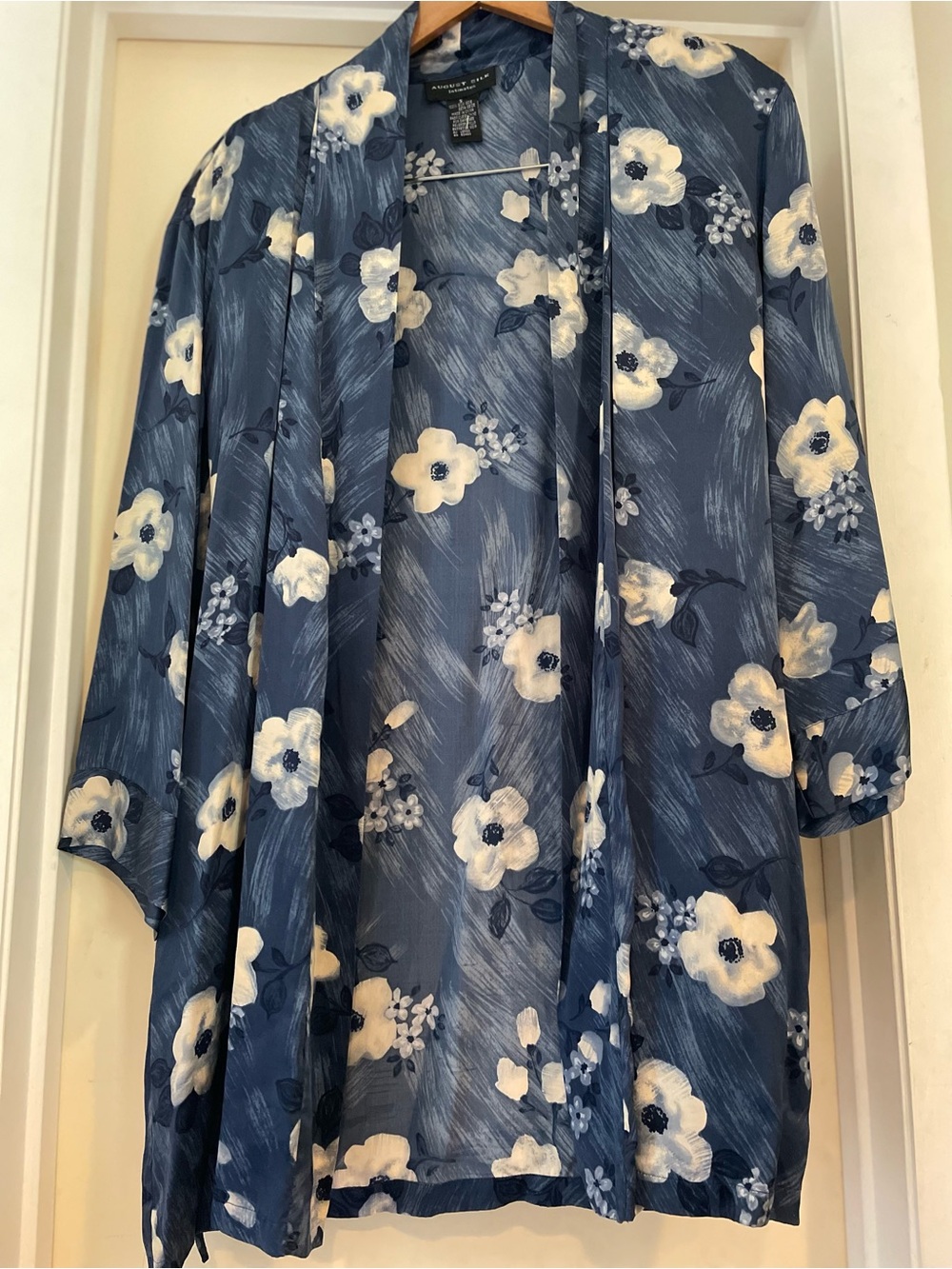 august silk Navy Blue Floral Open-Front Kimono Jacket